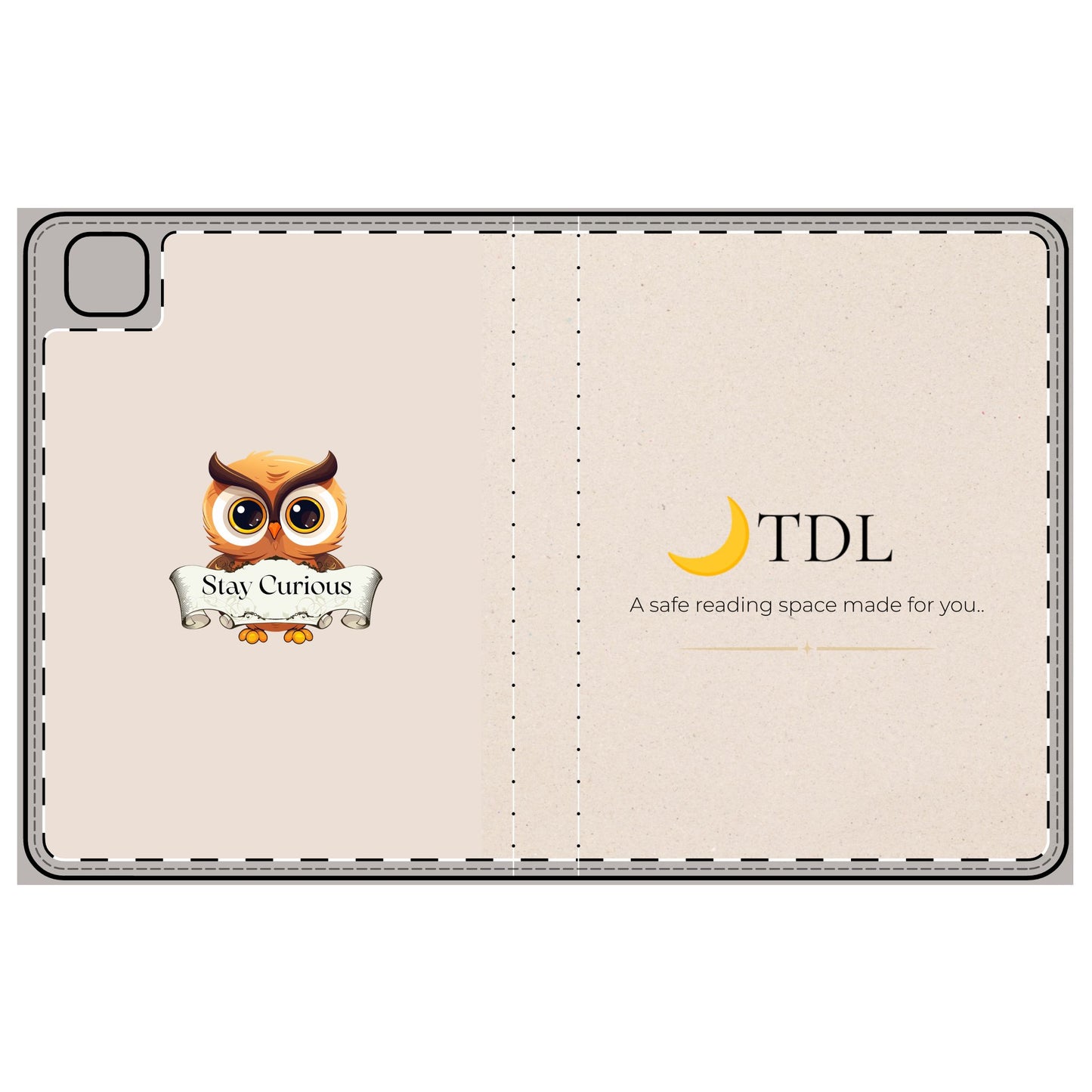 iPad Folio Case — 'Stay Curious' Owl Reading Cover (TDL Branded)