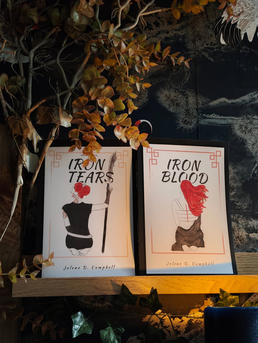 Two book covers: Iron Tears, Iron Blood