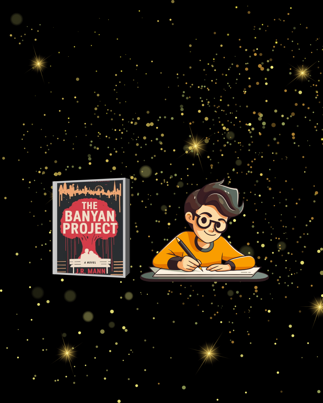 A light brown haired male writer with a book cover
