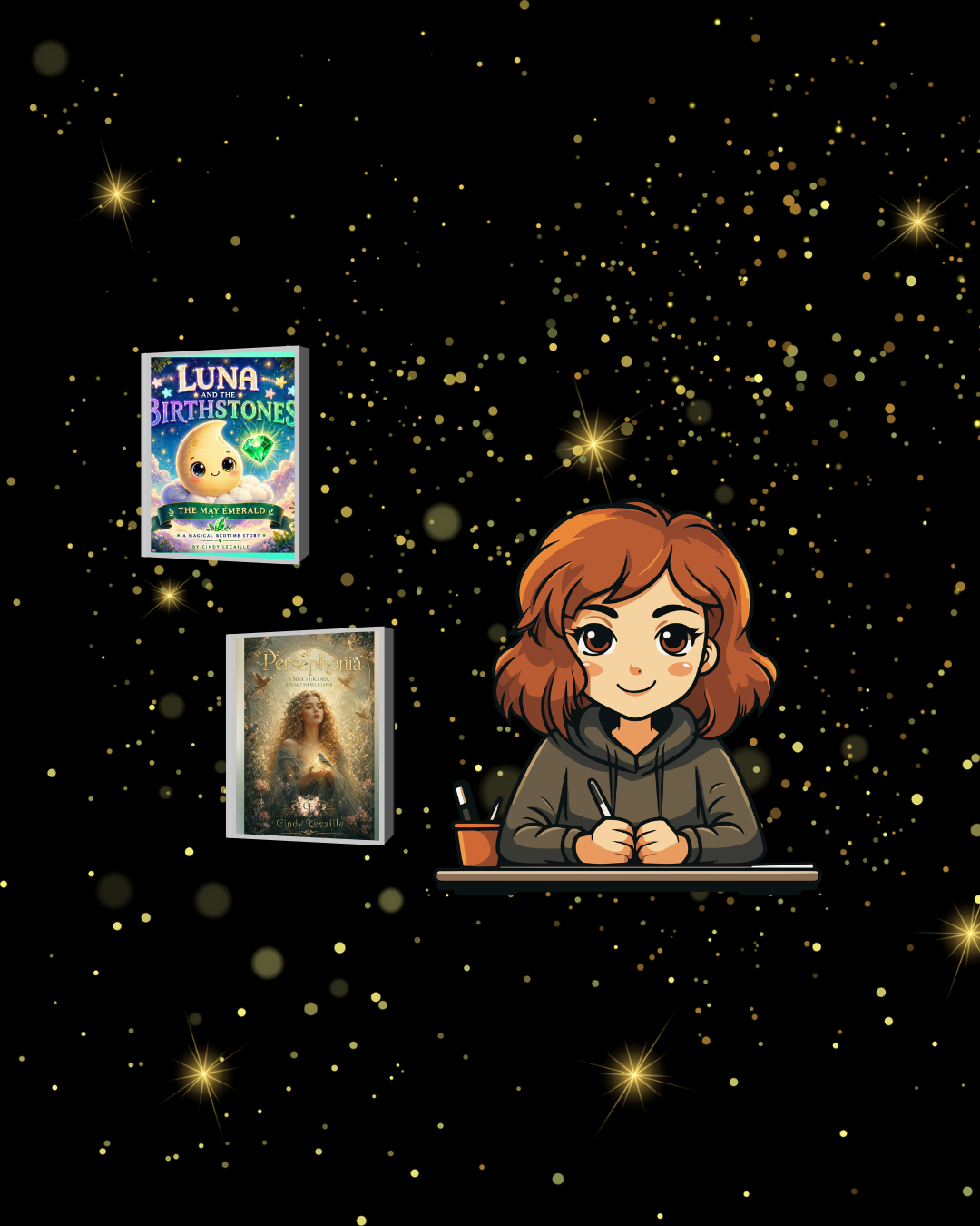 A light brown haired woman writer with book covers