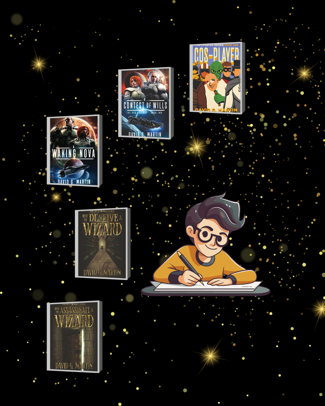 A  light brown haired male writer with book covers