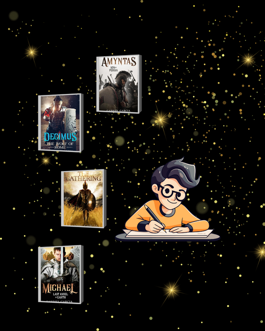 A brown haired man with four book covers.
