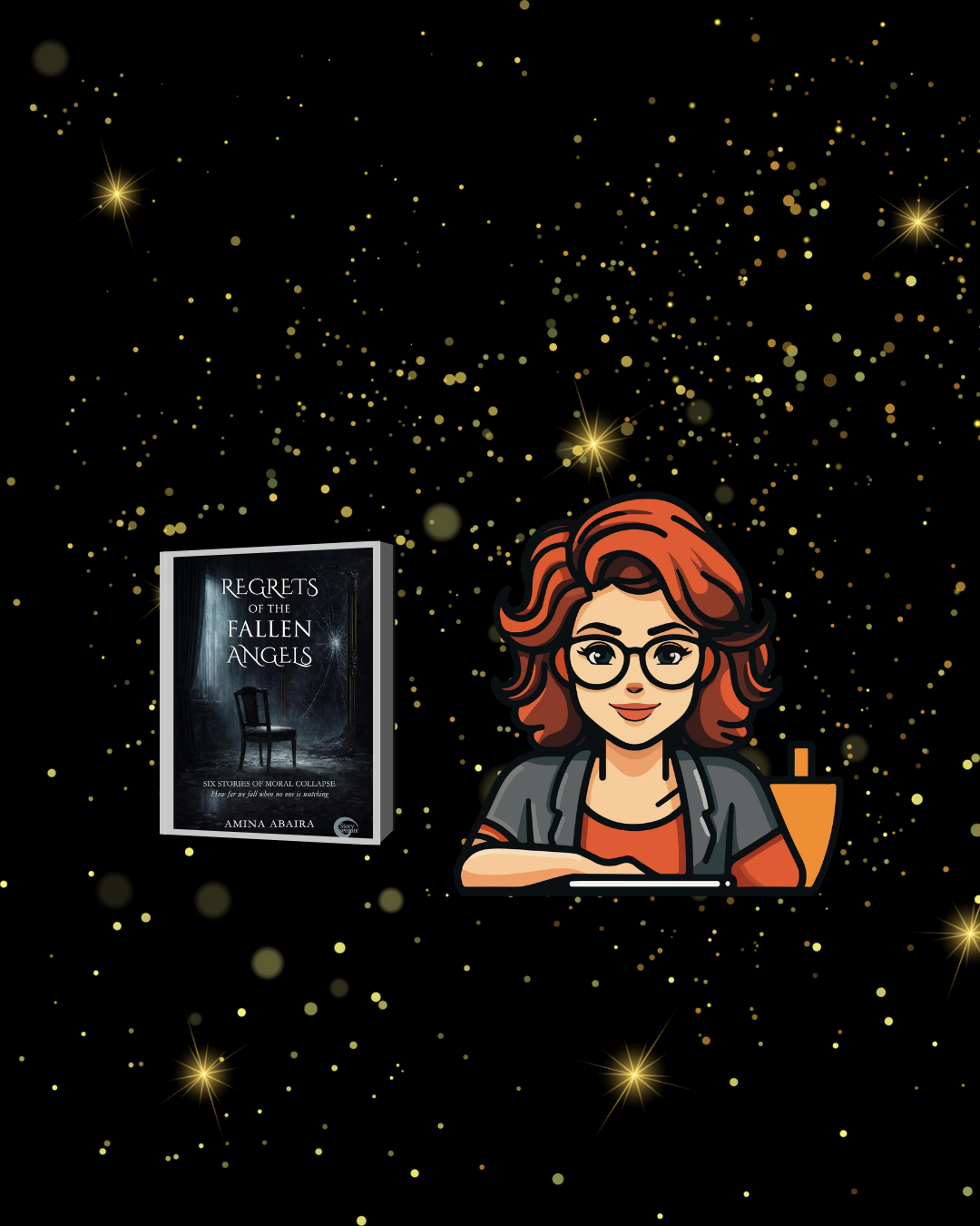 A light brown haired female writer with a book cover
