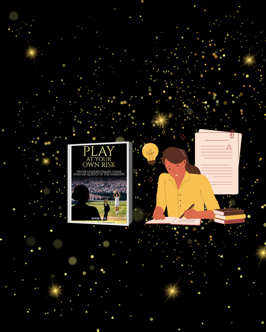 A  brown haired female writer with a book cover.