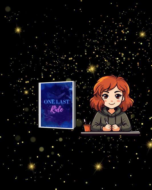 A light brown haired female writer with a book cover.