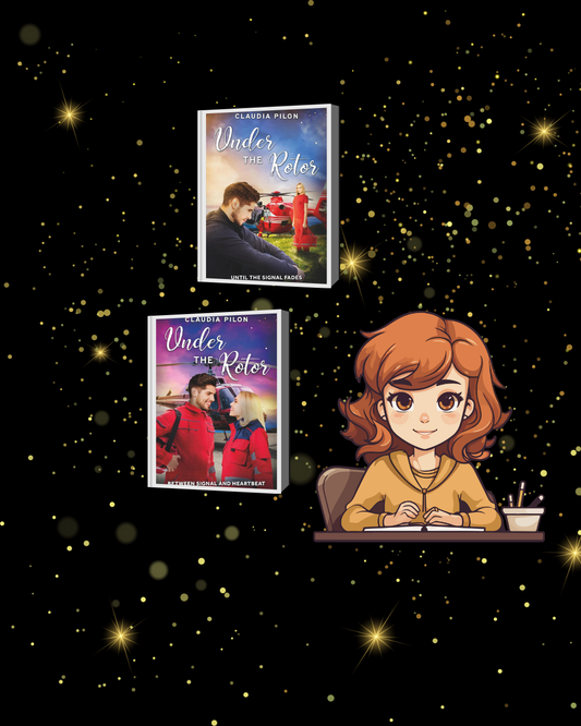 A  light brown haired female writer with book covers