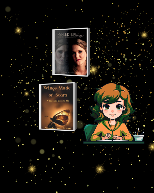 A light brown haired female writer with a book cover.