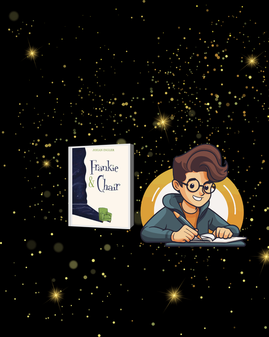 A light brown haired writer with a book cover.
