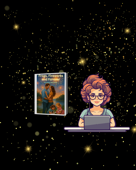 An ash blond haired woman with a book cover.