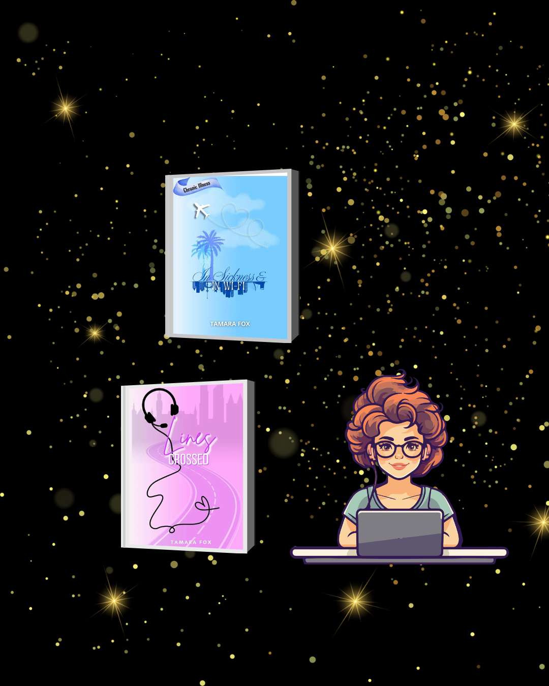 A light brown haired woman with two book covers.