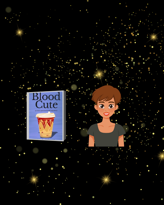A brown haired woman writer with book covers