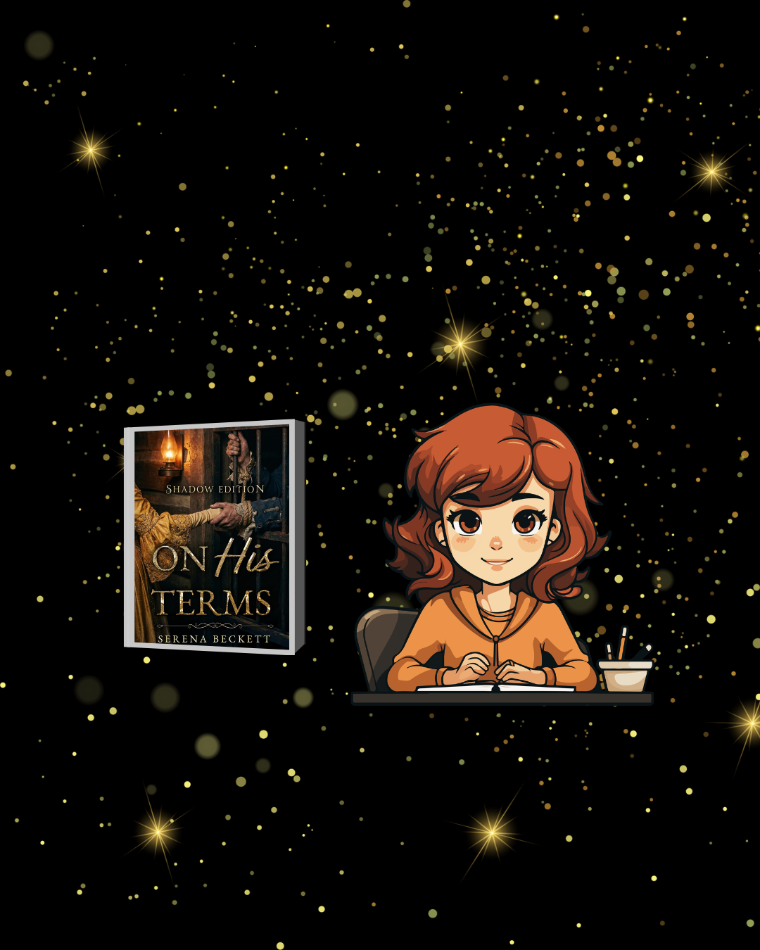 A brown haired woman writer with book covers