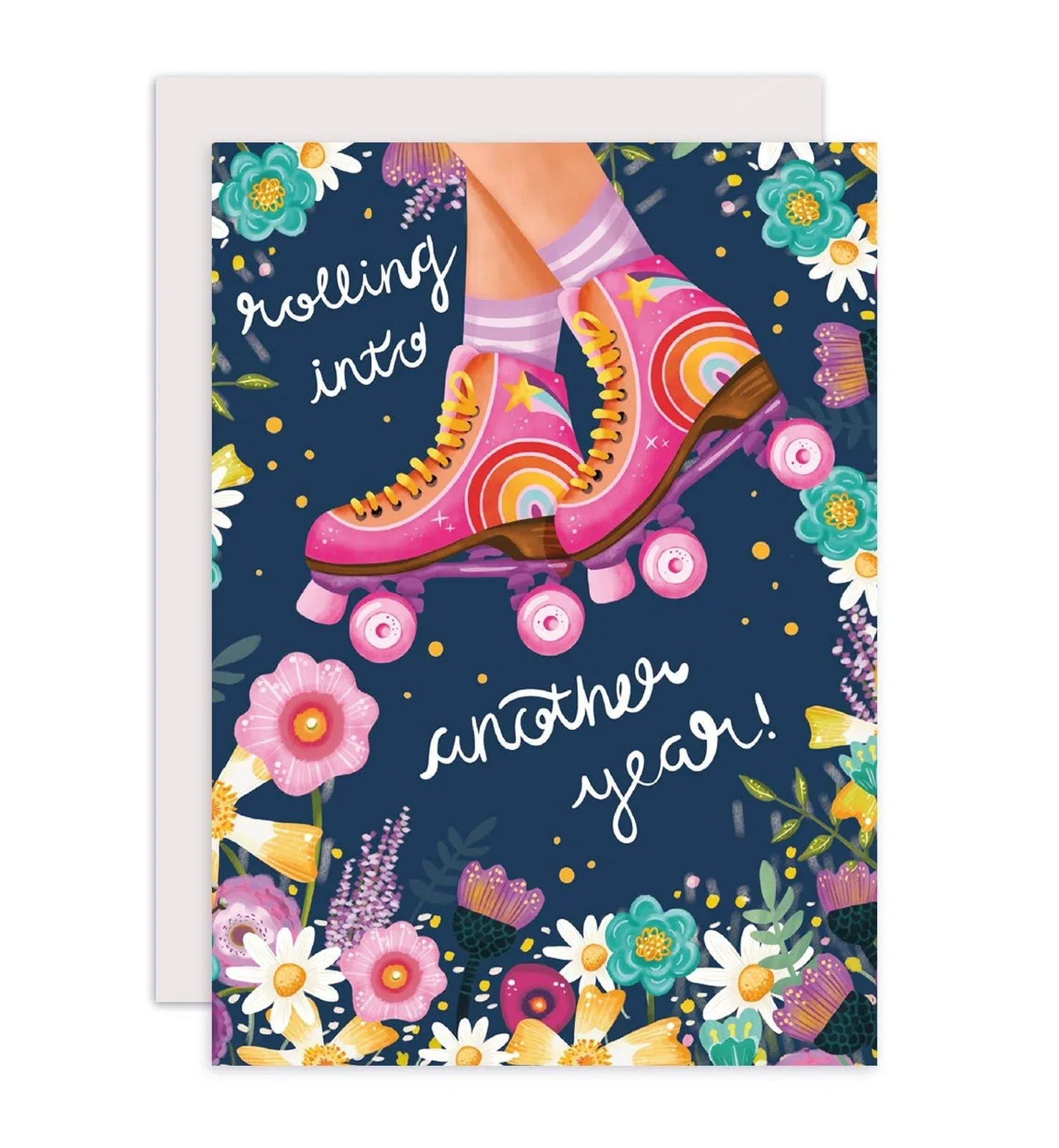 Aniet Illustration - Kaart verjaardag rolschaatsen felicitatie bloemen roze blauw - The Dreamer's Bookshop.