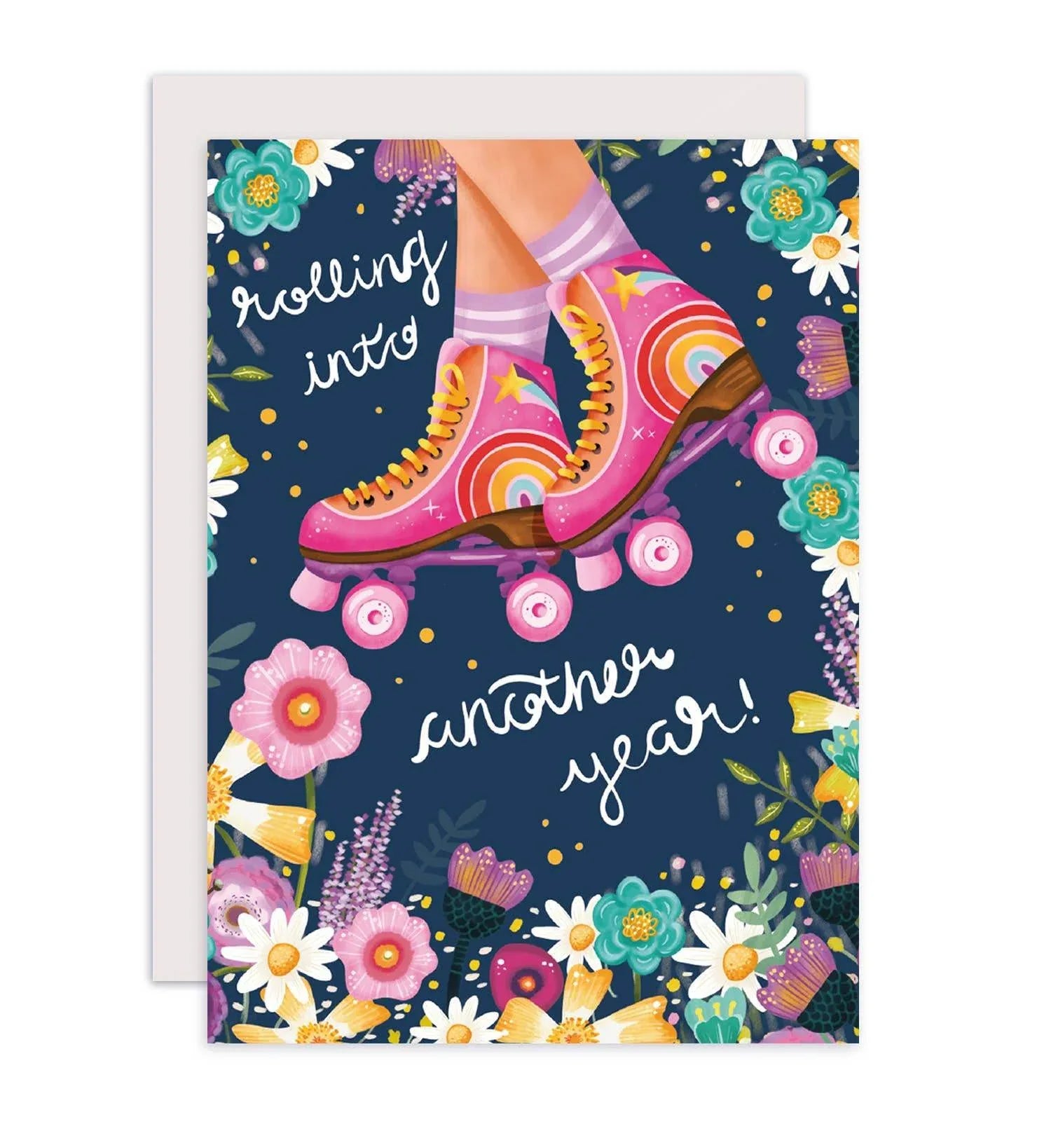 Aniet Illustration - Kaart verjaardag rolschaatsen felicitatie bloemen roze blauw - The Dreamer's Bookshop.