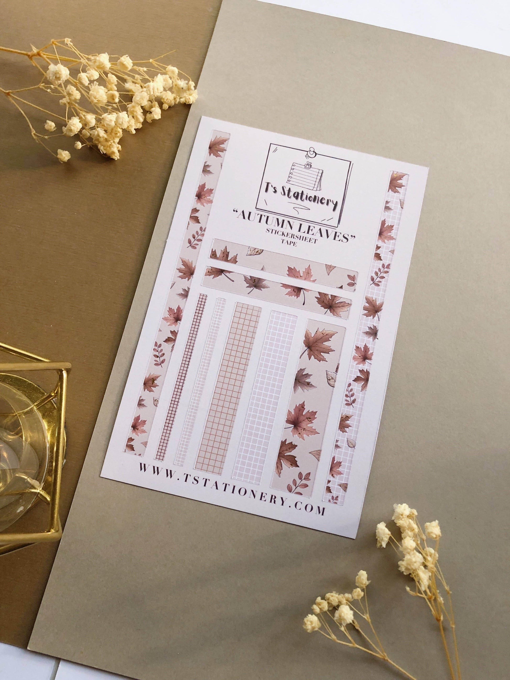 T's Stationery - Stickertape met goudfolie „Autumnal Leaves” (kastanjebruin) - The Dreamer's Bookshop.