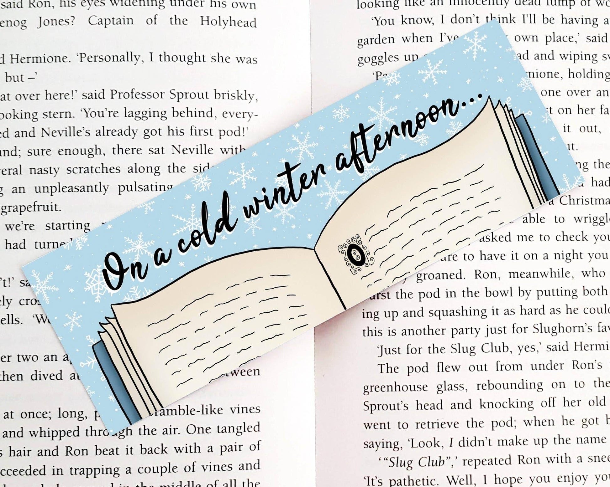 Basically Britt - Blue Winter Bookmark with Snowflakes and Books - The Dreamer's Bookshop.