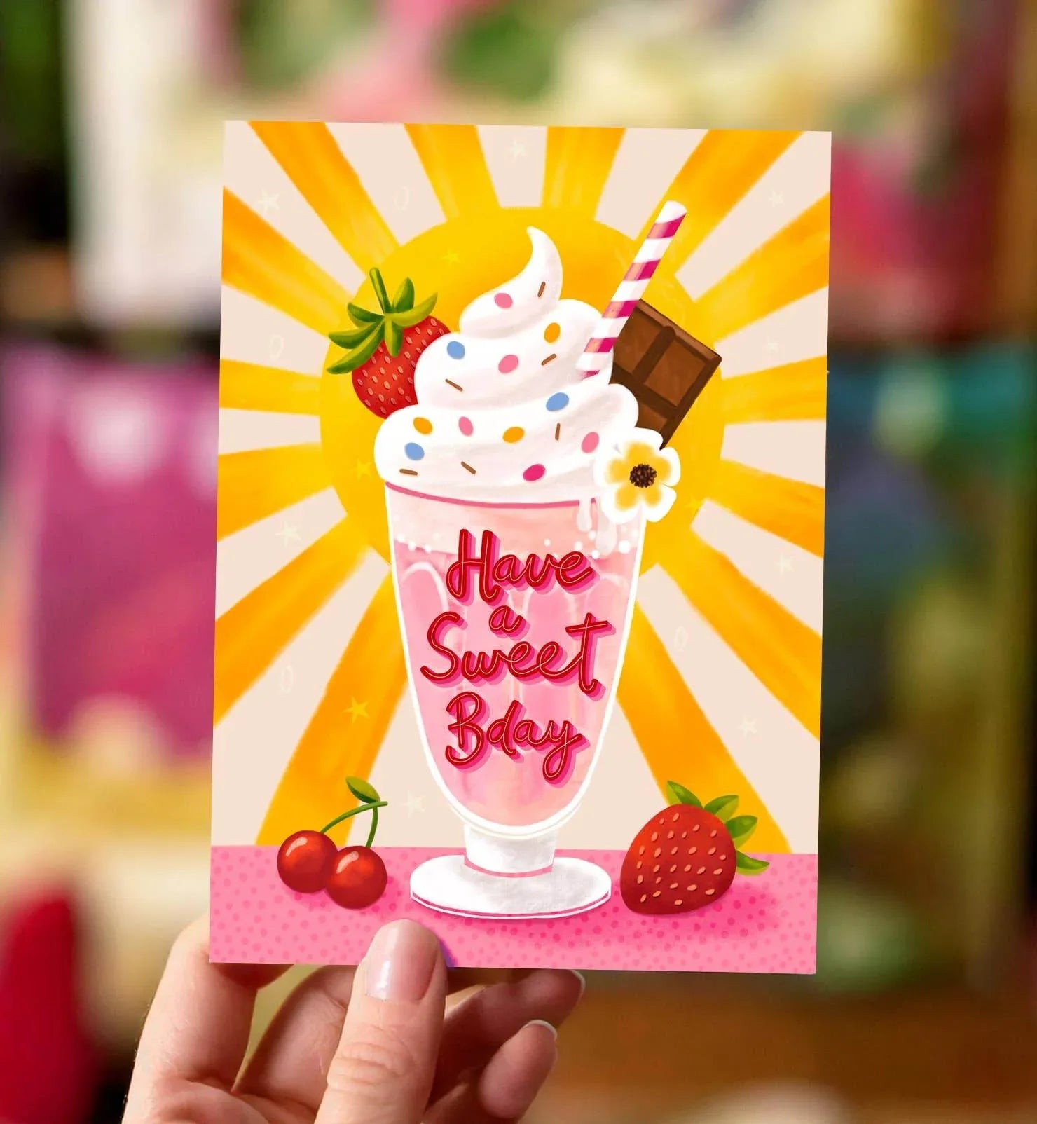 Aniet Illustration - Kaart verjaardag milkshake roze met zon sweet birthday - The Dreamer's Bookshop.