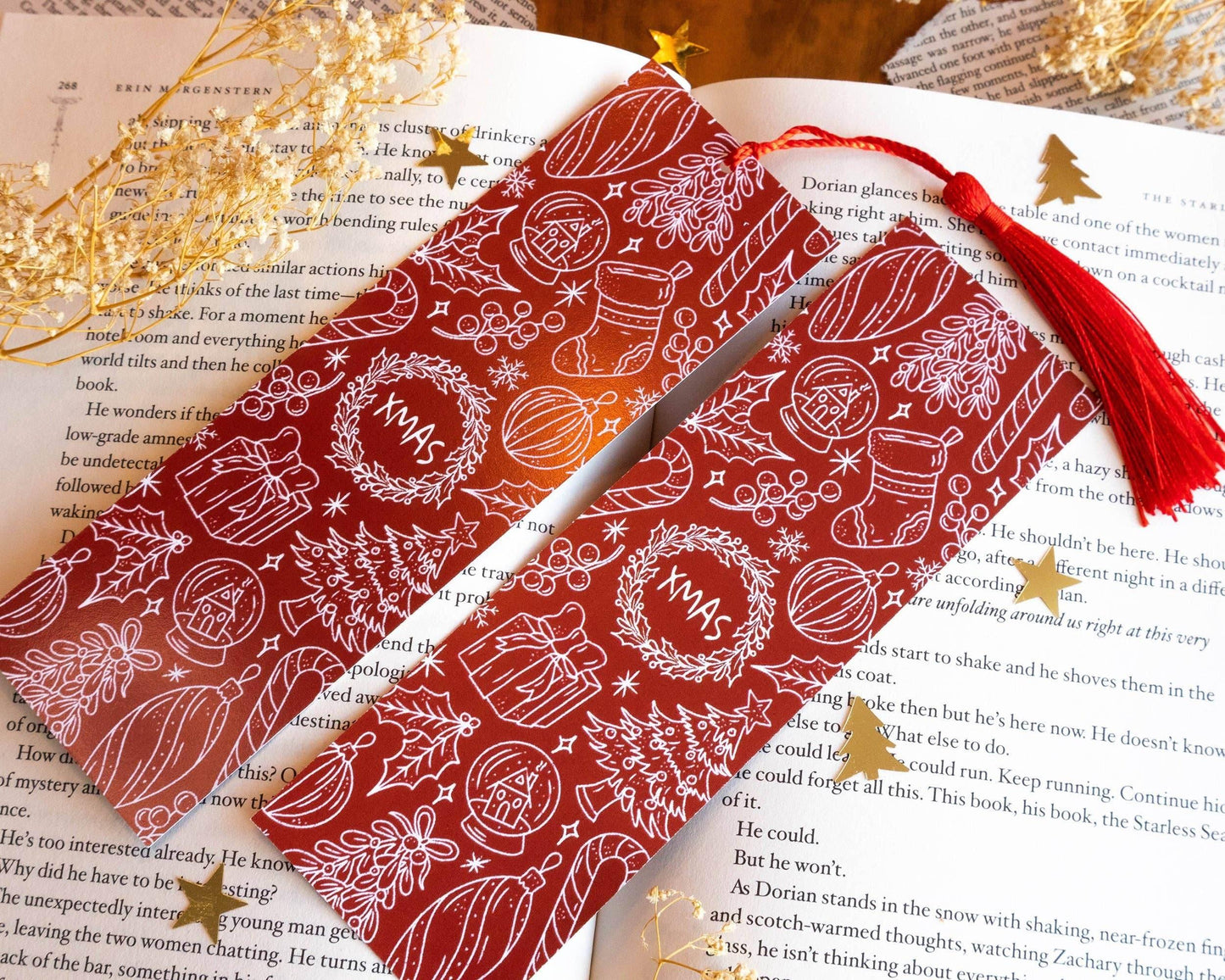 Basically Britt - Red Christmas Bookmark with Festive Holiday Doodles - The Dreamer's Bookshop.