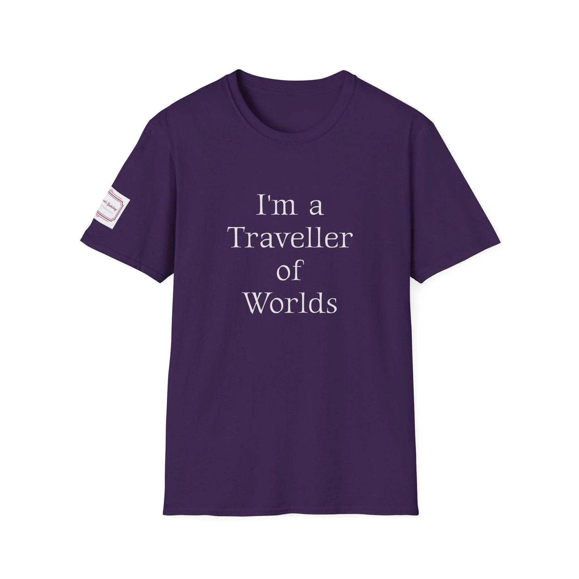 Unisex Softstyle T-Shirt - Traveller of Worlds Design for Book Lovers - The Dreamer's Bookshop.