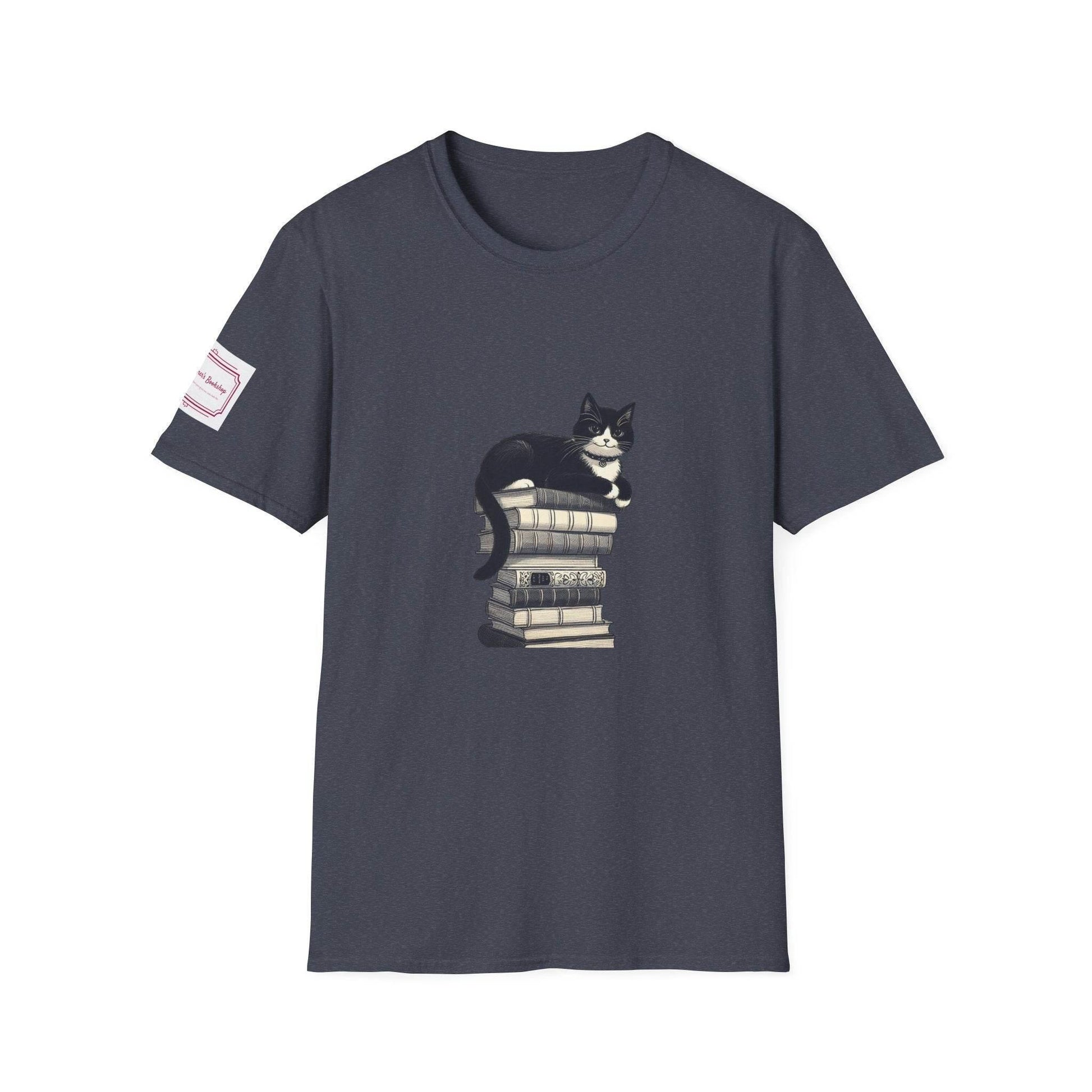 Unisex Softstyle T-Shirt - Vintage Cat Book Stack Bookaddict - The Dreamer's Bookshop.