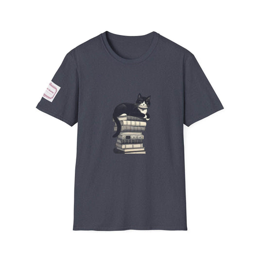 Unisex Softstyle T-Shirt - Vintage Cat Book Stack Bookaddict - The Dreamer's Bookshop.