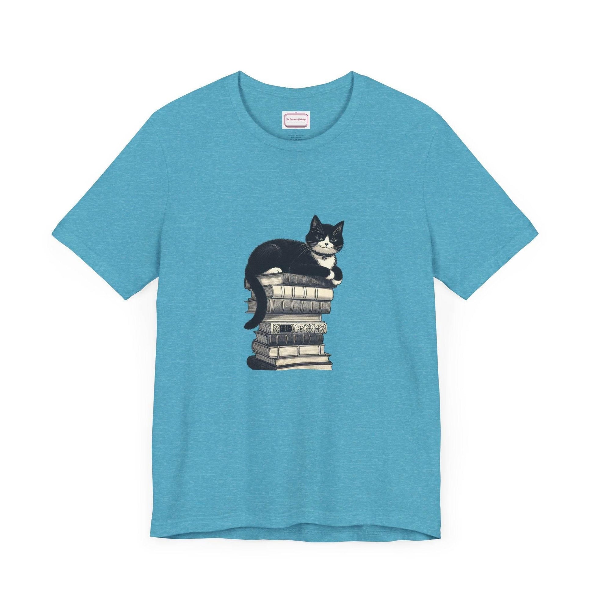 Unisex T-shirt - Vintage Cat Book Stack Booknerds - The Dreamer's Bookshop.