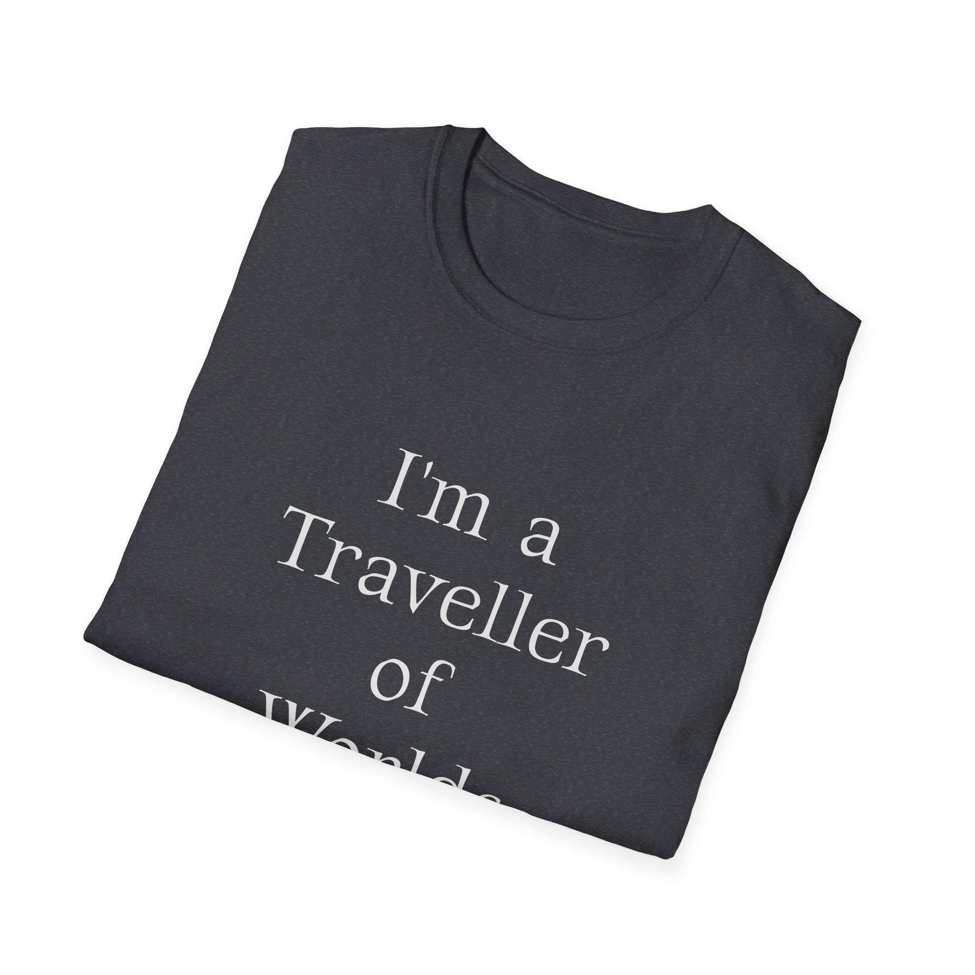 Unisex Softstyle T-Shirt - Traveller of Worlds Design for Book Lovers - The Dreamer's Bookshop.