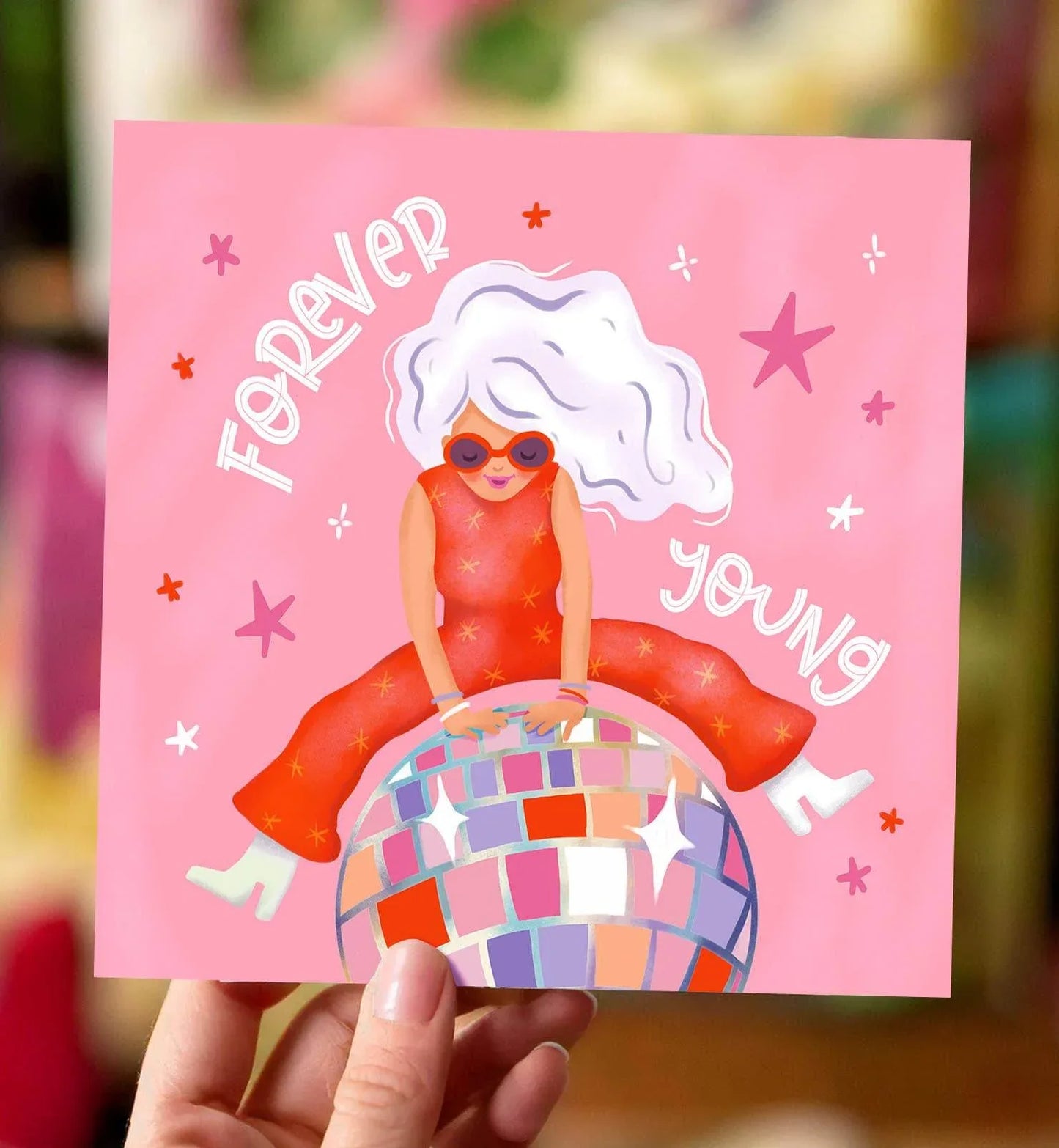 Aniet Illustration - Kaart verjaardag felicitatie vrouw disco forever young roze - The Dreamer's Bookshop.