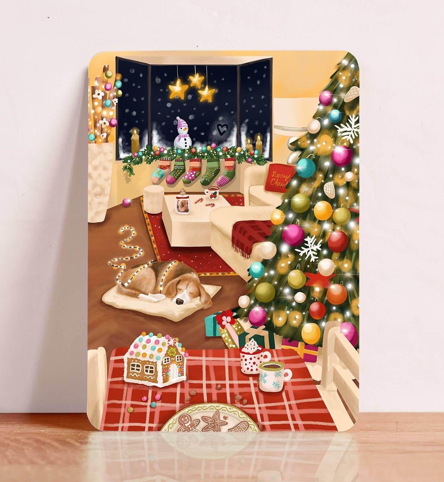 Aniet Illustration - Kaart kerst kerstboom koekjes beagle hond winter illustratie - The Dreamer's Bookshop.