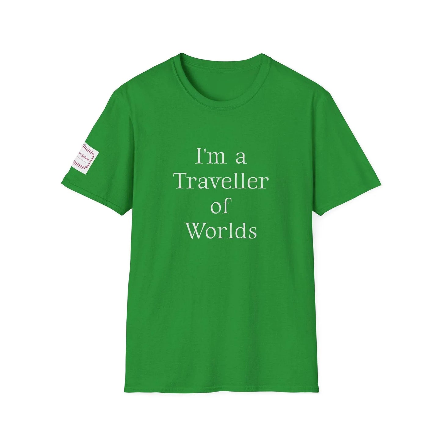 Unisex Softstyle T-Shirt - Traveller of Worlds Design for Book Lovers - The Dreamer's Bookshop.