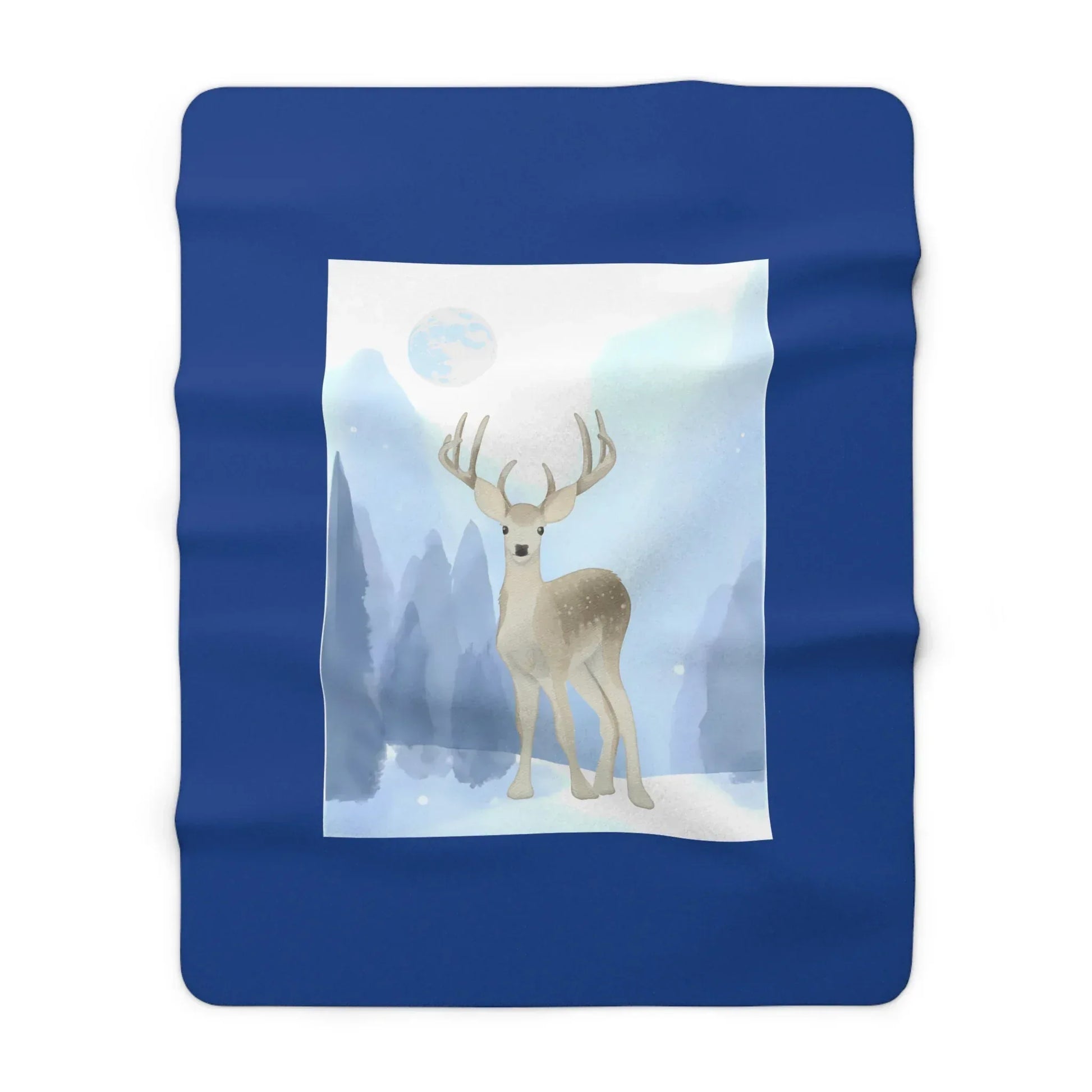 Cozy Sherpa Fleece Blanket - Blue 'Winter Deer' Design - The Dreamer's Bookshop.