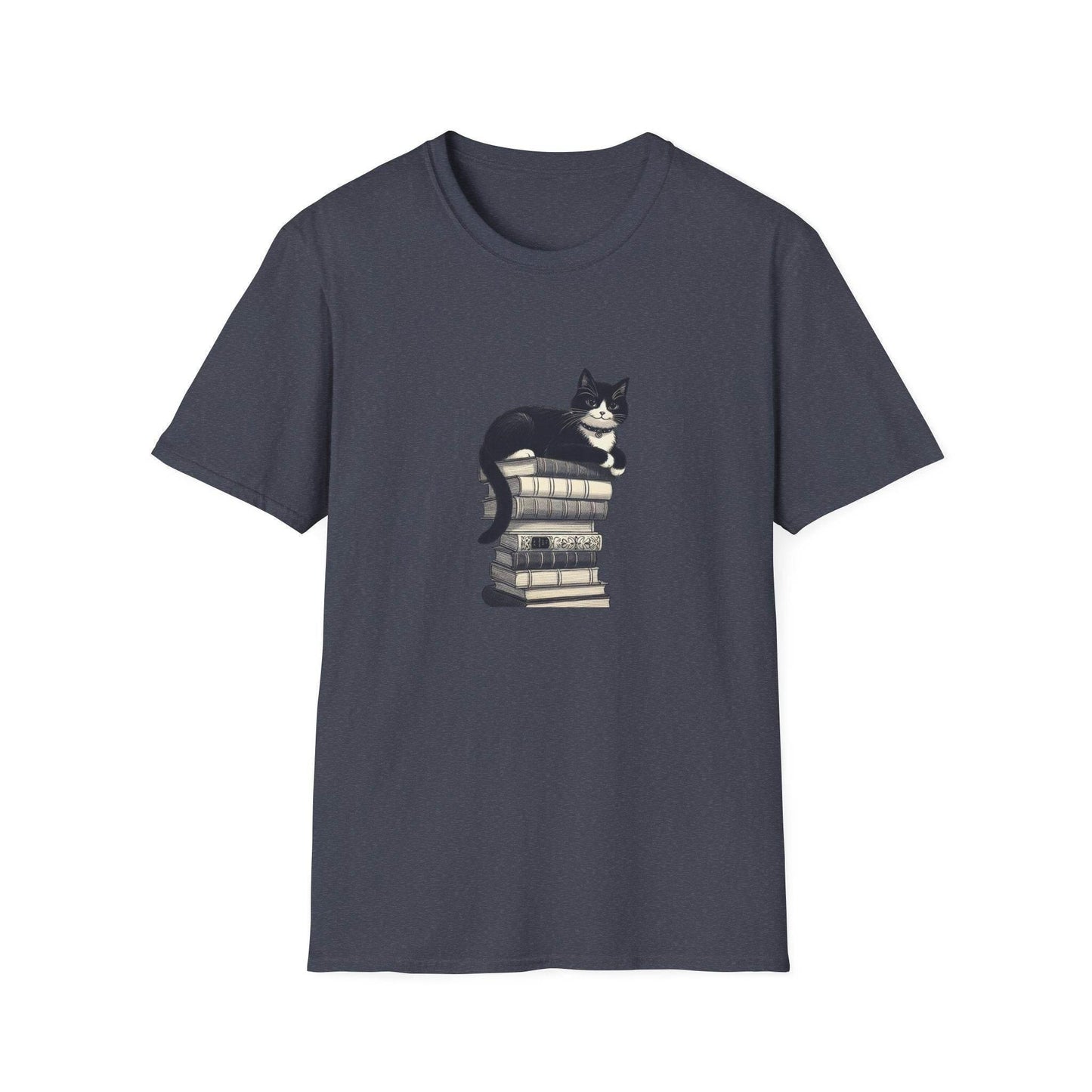 Unisex Softstyle T-Shirt - Vintage Cat Book Stack Booklover - The Dreamer's Bookshop.