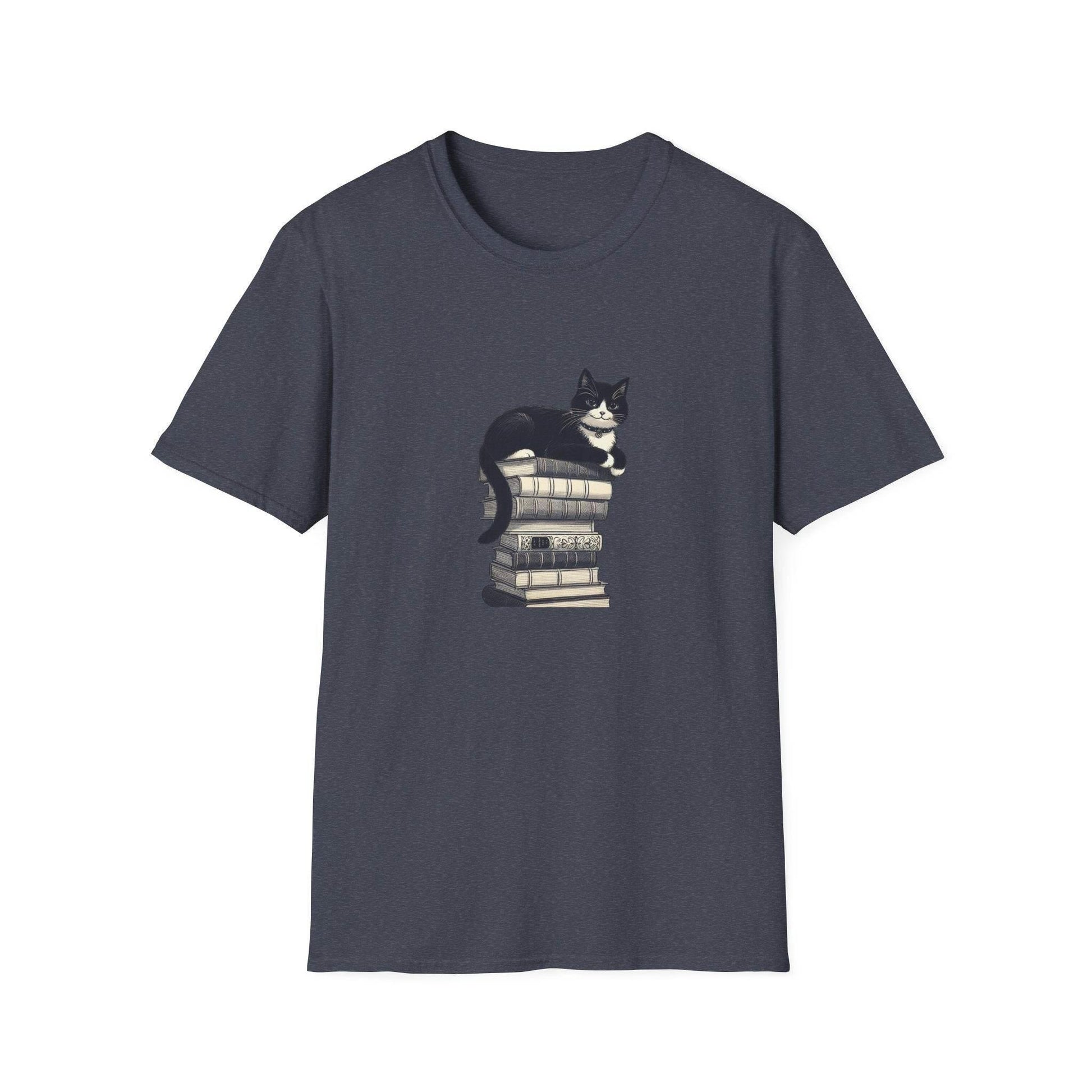 Unisex Softstyle T-Shirt - Vintage Cat Book Stack Booklover - The Dreamer's Bookshop.