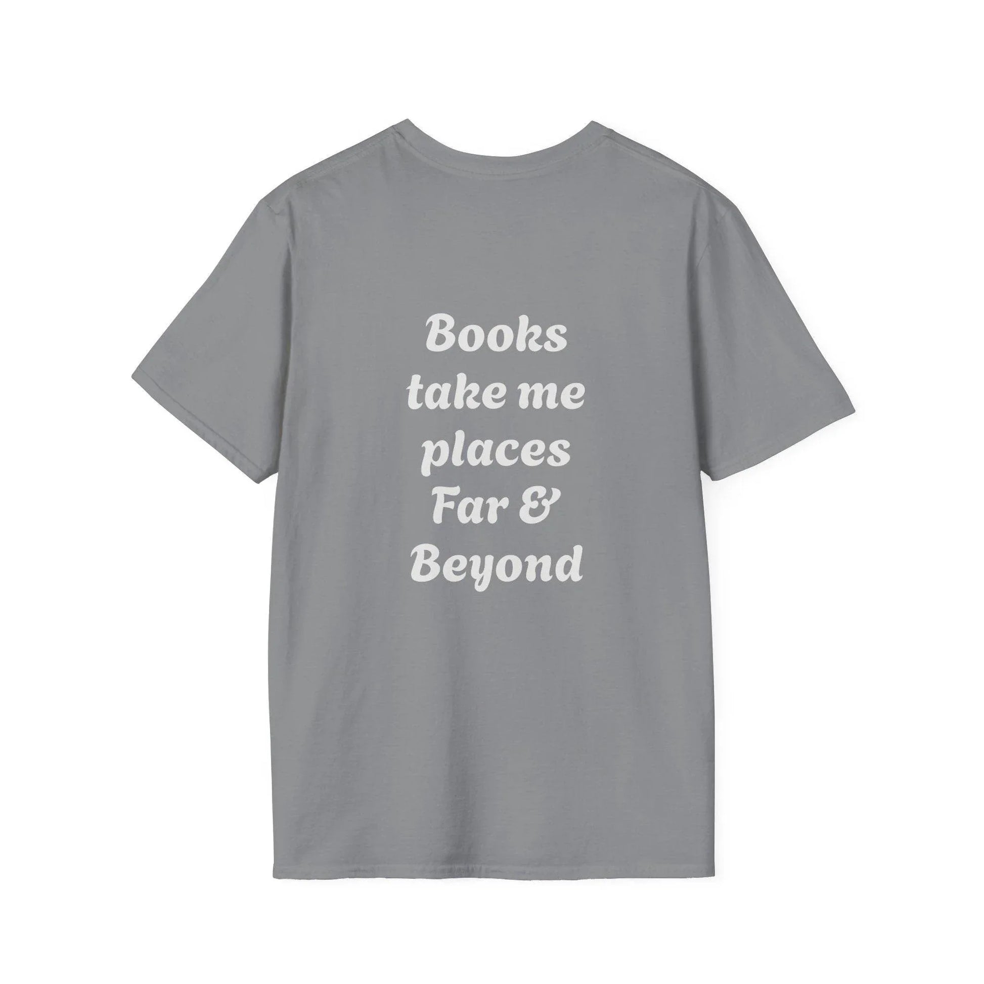 Unisex Softstyle T-Shirt - 'I'm a Traveller of Worlds' & 'Books Take Me Places Far & Beyond' - The Dreamer's Bookshop.