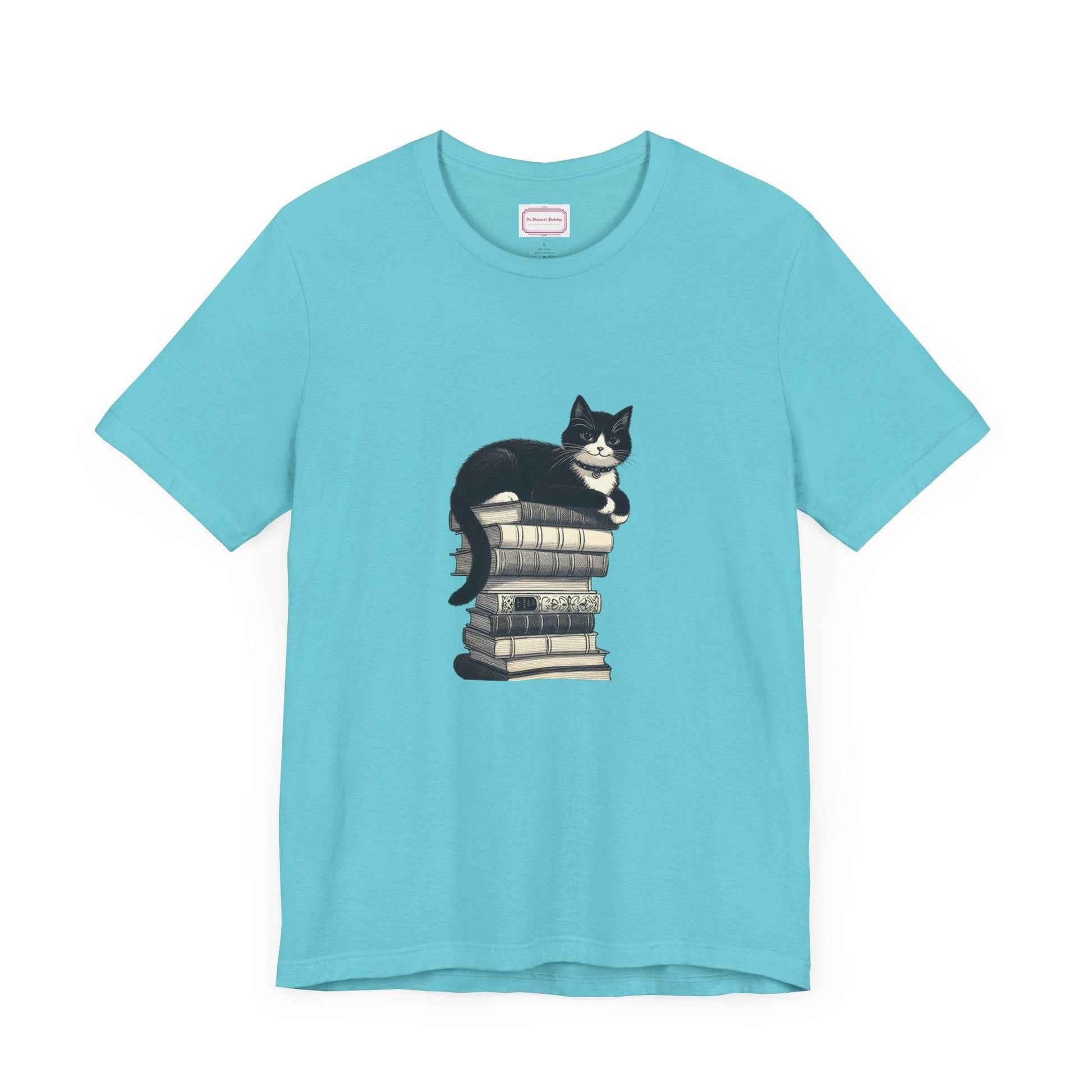 Unisex T-shirt - Vintage Cat Book Stack Booknerds - The Dreamer's Bookshop.