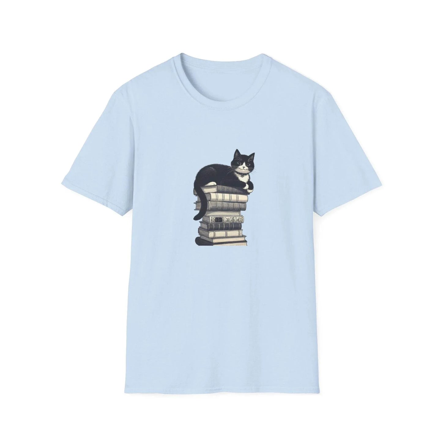 Unisex Softstyle T-Shirt - Vintage Cat Book Stack Booklover - The Dreamer's Bookshop.