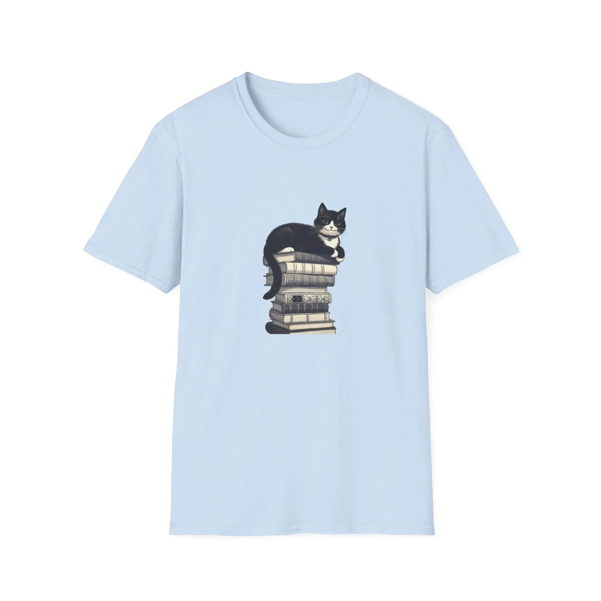 Unisex Softstyle T-Shirt - Vintage Cat Book Stack Booklover - The Dreamer's Bookshop.