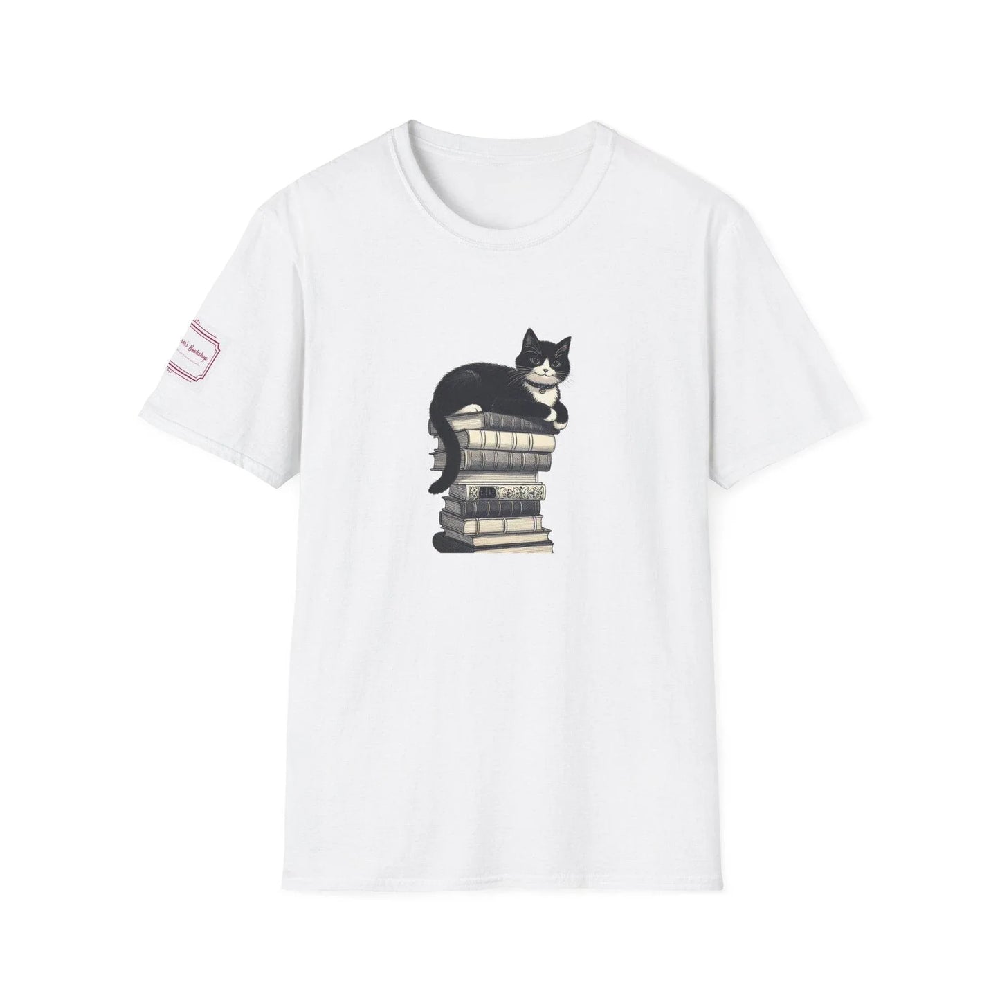 Unisex Softstyle T-Shirt - Vintage Cat Book Stack Bookworm - The Dreamer's Bookshop.