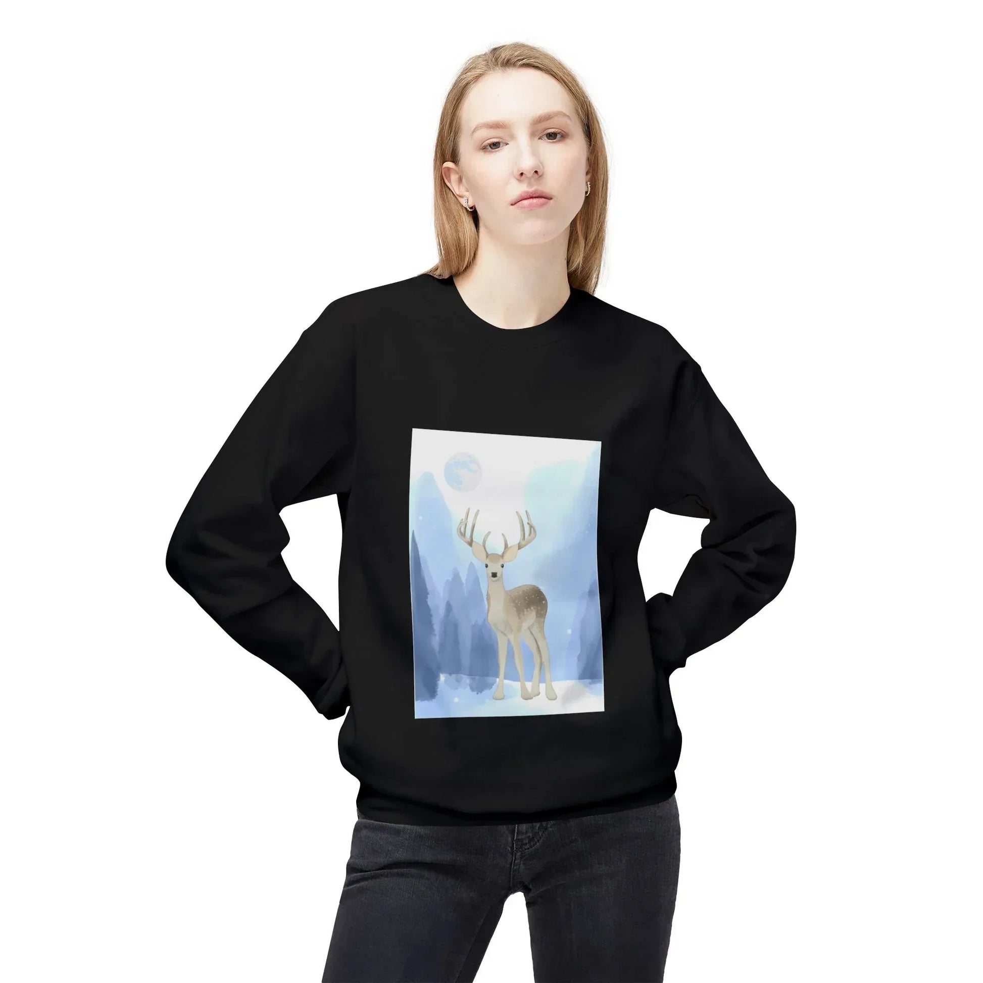 Winter Deer Fleece Crewneck Sweatshirt - Unisex Midweight - The Dreamer's Bookshop.