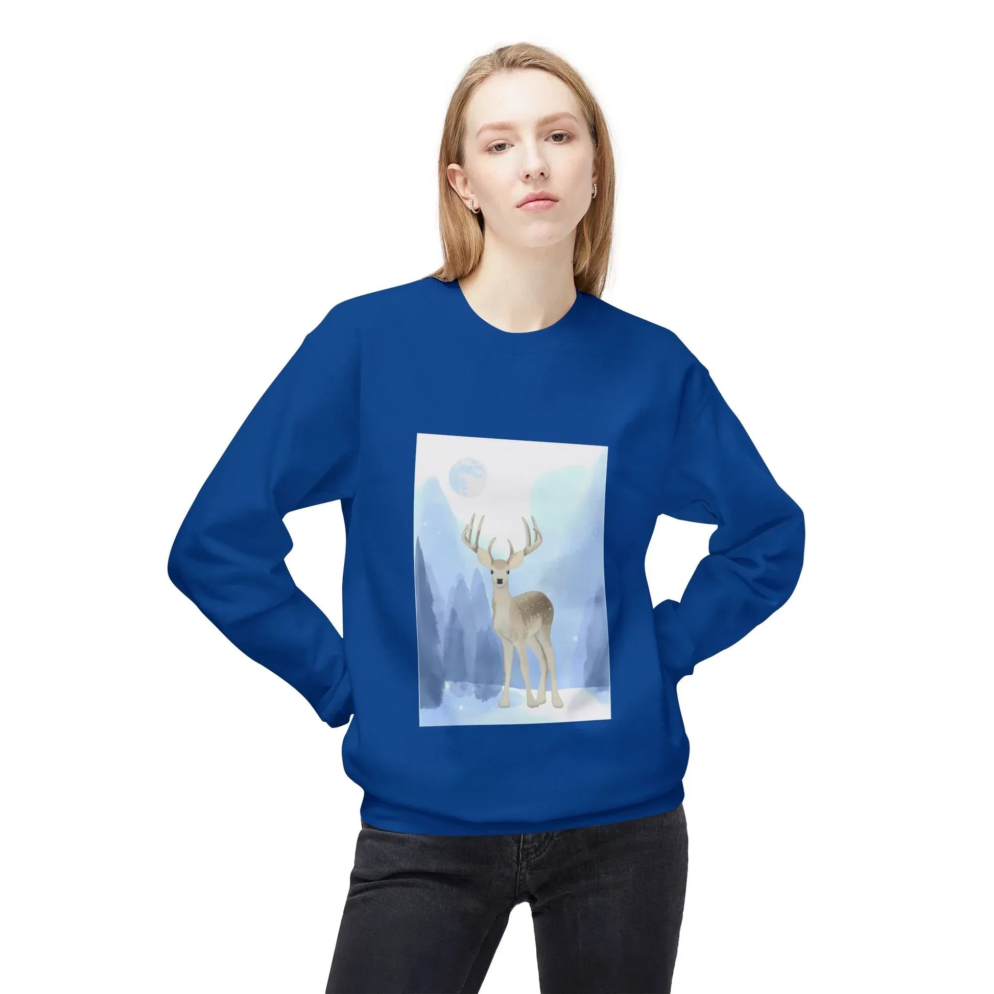 Winter Deer Fleece Crewneck Sweatshirt - Unisex Midweight - The Dreamer's Bookshop.