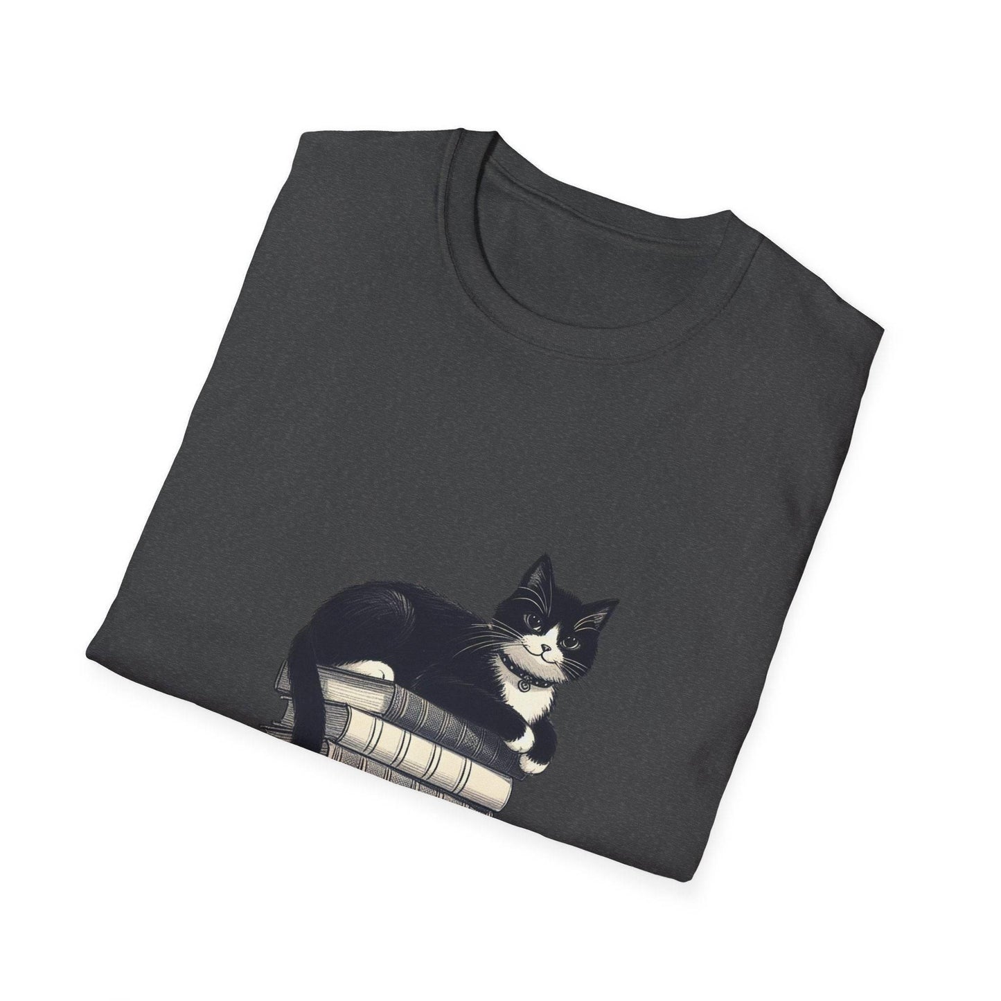Unisex T-Shirt - Vintage Cat Book Stack for Book Lovers - The Dreamer's Bookshop.