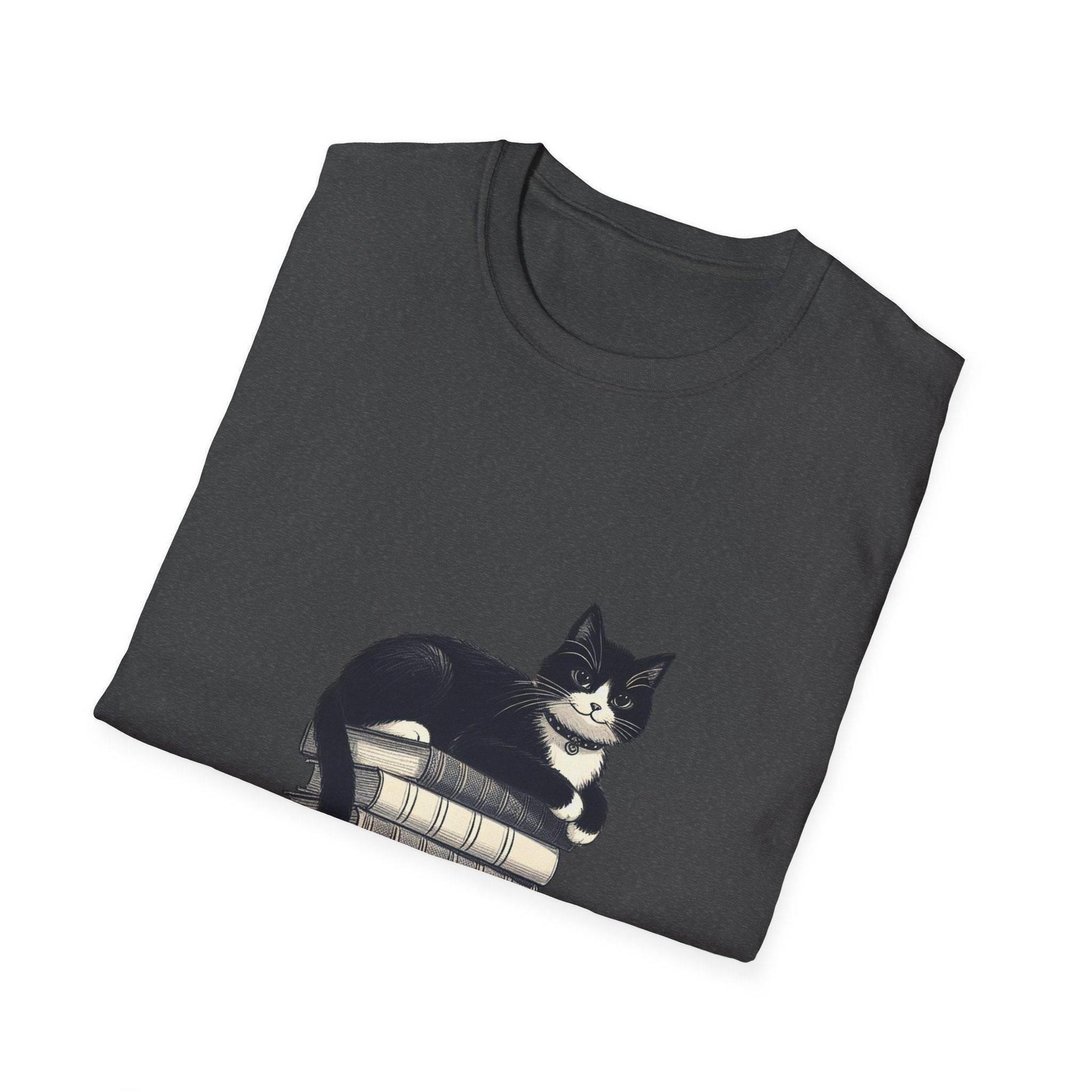 Unisex T-Shirt - Vintage Cat Book Stack for Book Lovers - The Dreamer's Bookshop.