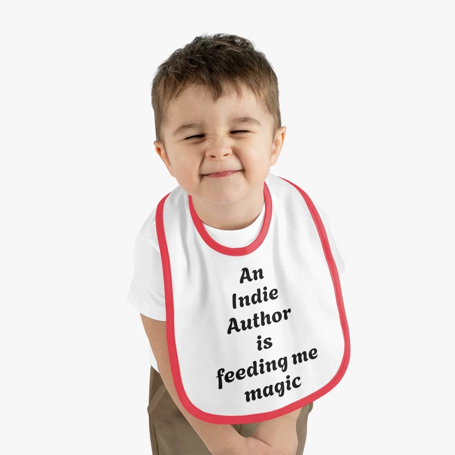 US - Indie Author Baby Bib - Feeding Me Magic Contrast Trim Jersey Bib - The Dreamer's Bookshop.