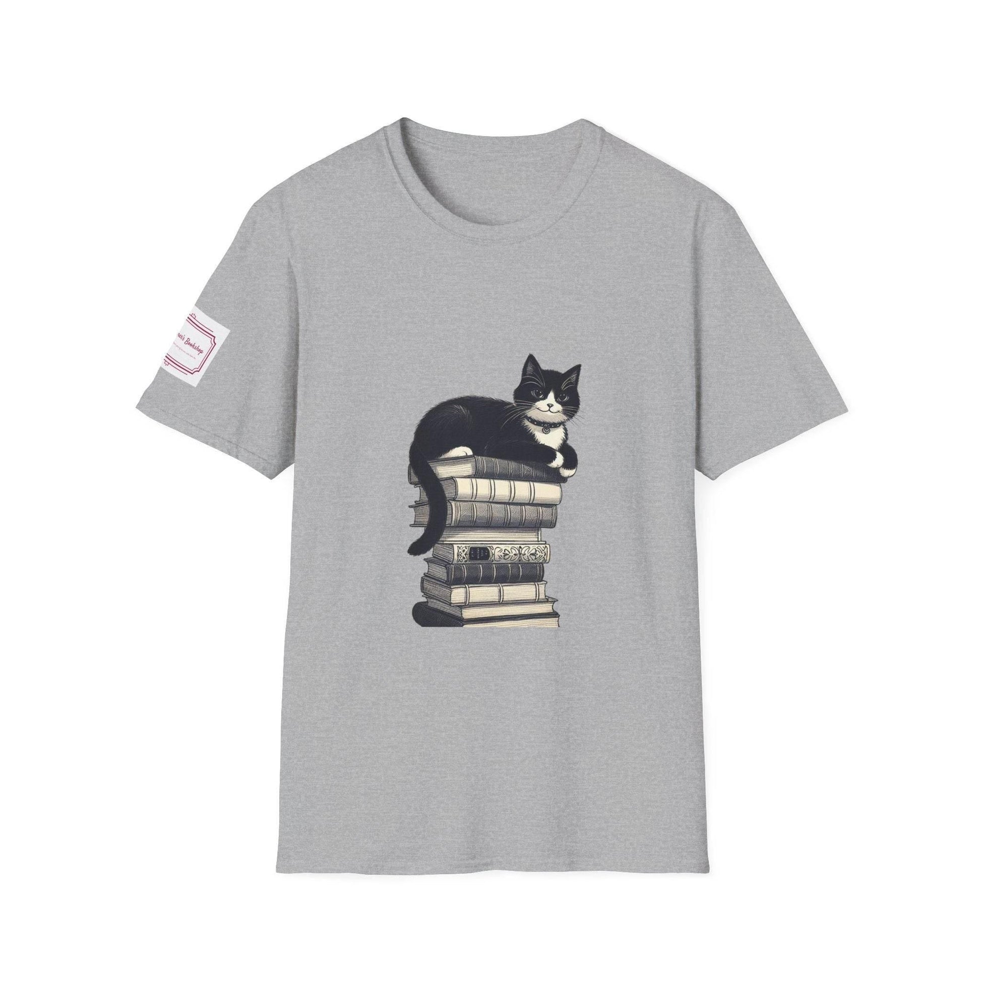 Unisex T-Shirt - Vintage Cat Book Stack for Book Lovers - The Dreamer's Bookshop.