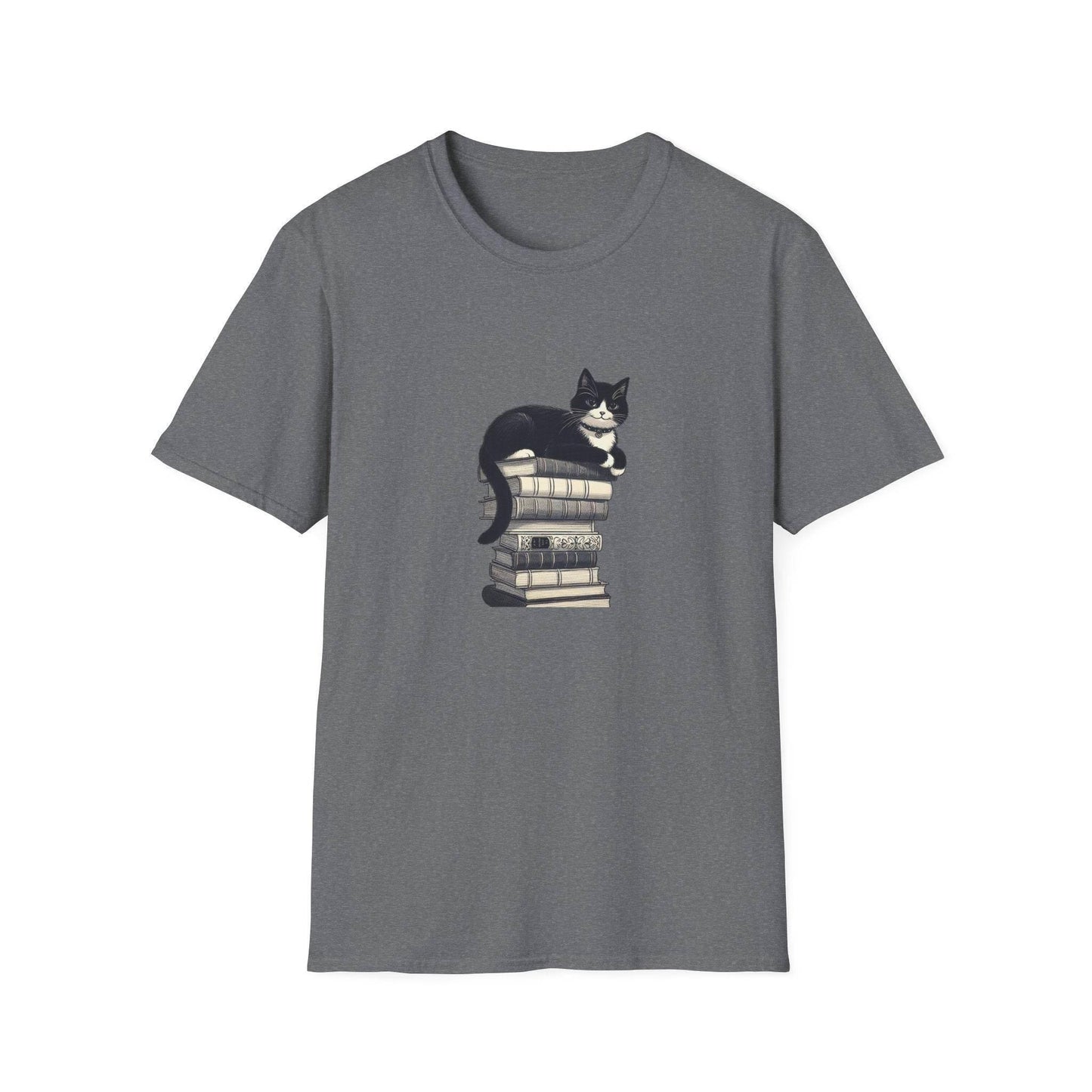 Unisex Softstyle T-Shirt - Vintage Cat Book Stack Booklover - The Dreamer's Bookshop.