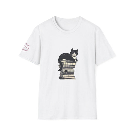 Unisex Softstyle T-Shirt - Vintage Cat Book Stack Bookaddict - The Dreamer's Bookshop.