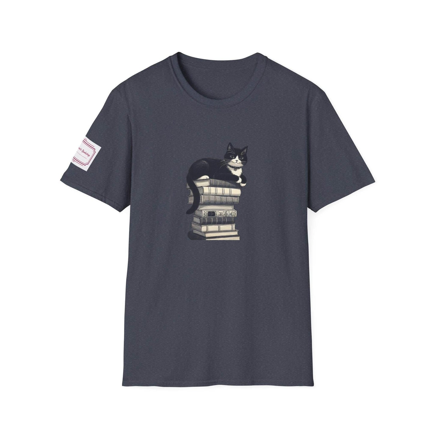 Unisex Softstyle T-Shirt - Vintage Cat Book Stack Bookworm - The Dreamer's Bookshop.