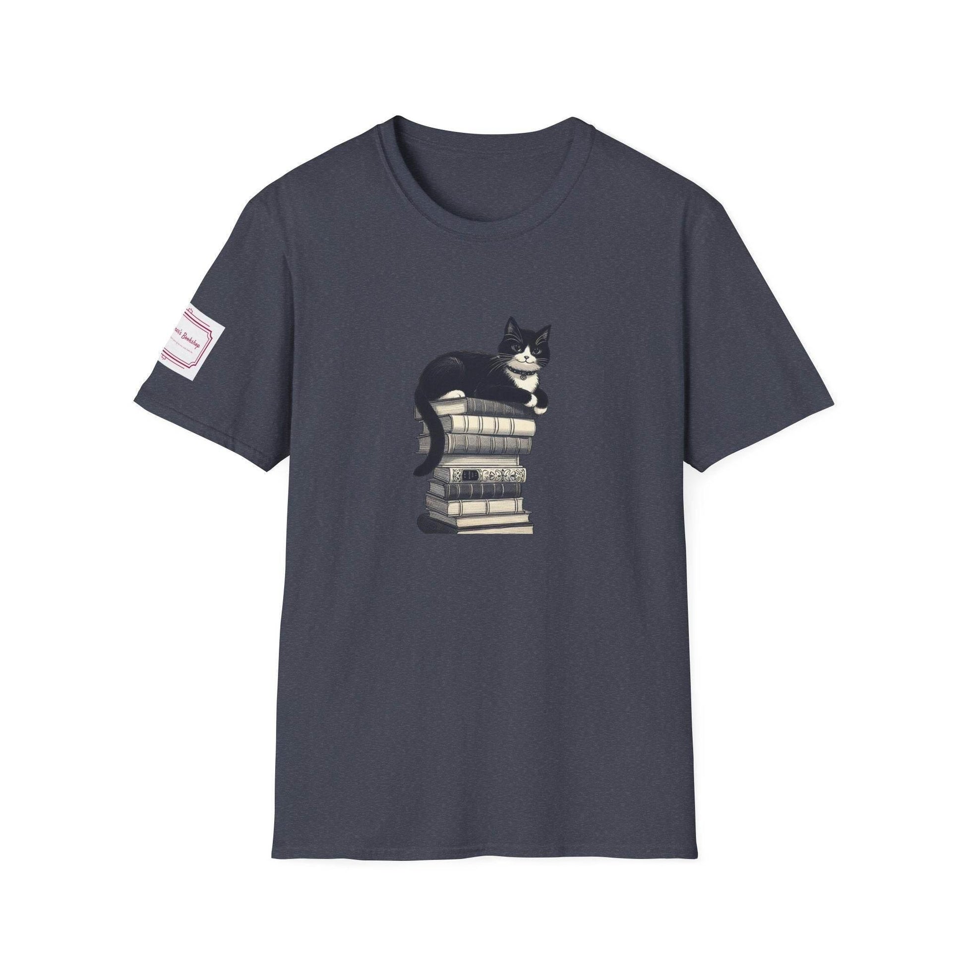 Unisex Softstyle T-Shirt - Vintage Cat Book Stack Bookworm - The Dreamer's Bookshop.