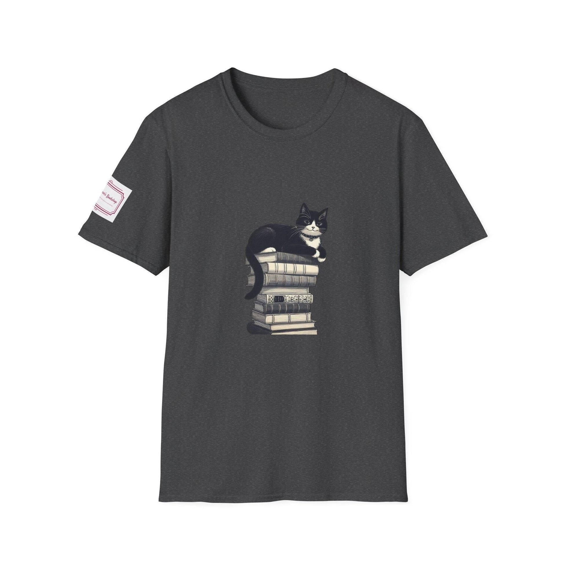 Unisex Softstyle T-Shirt - Vintage Cat Book Stack Bookaddict - The Dreamer's Bookshop.