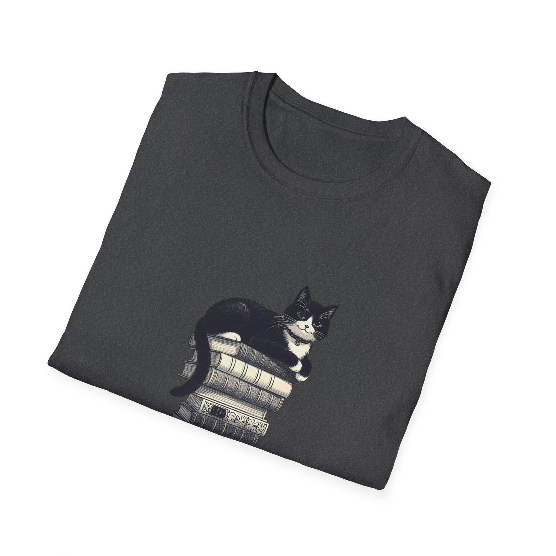 Unisex Softstyle T-Shirt - Vintage Cat Book Stack Booklover - The Dreamer's Bookshop.